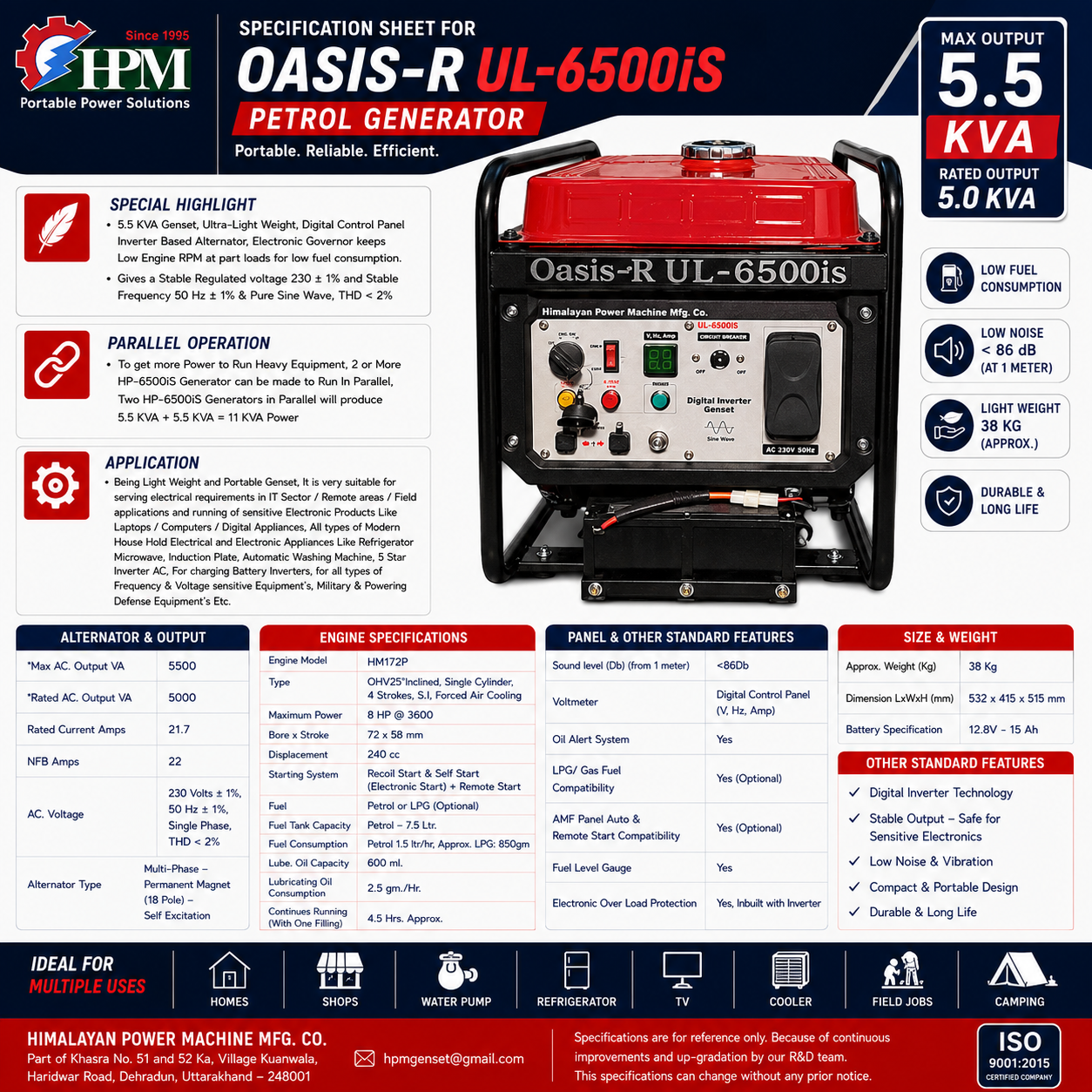 5.5 KVA Smart Portable Inverter Generator Oasis UL-6500is - Paralleling & Remote Start
